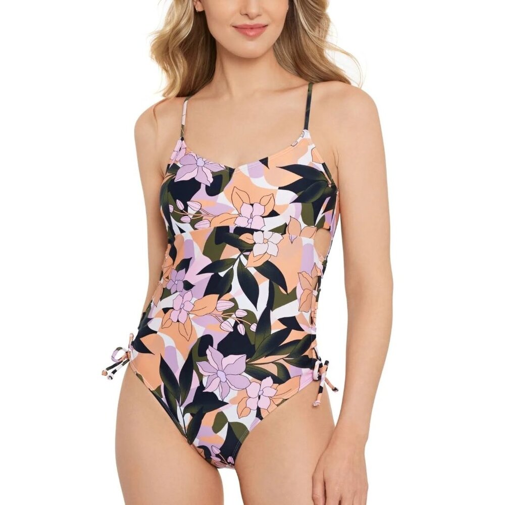 Salt & Cove Floral One-Piece Swimsuit Lace Up Sides Black Orange Pink Size S